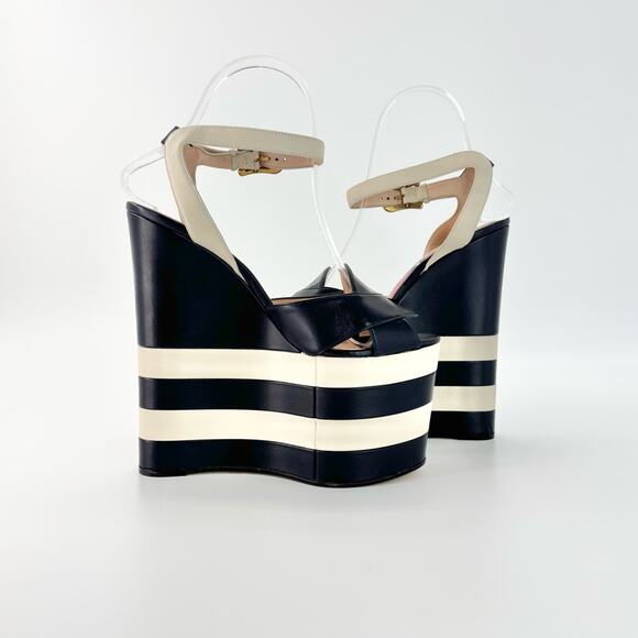 Gucci Sally Nappa Leather Navy Ivory Snake Platform Wedge Sandals 37.5 - Picture 3 of 10